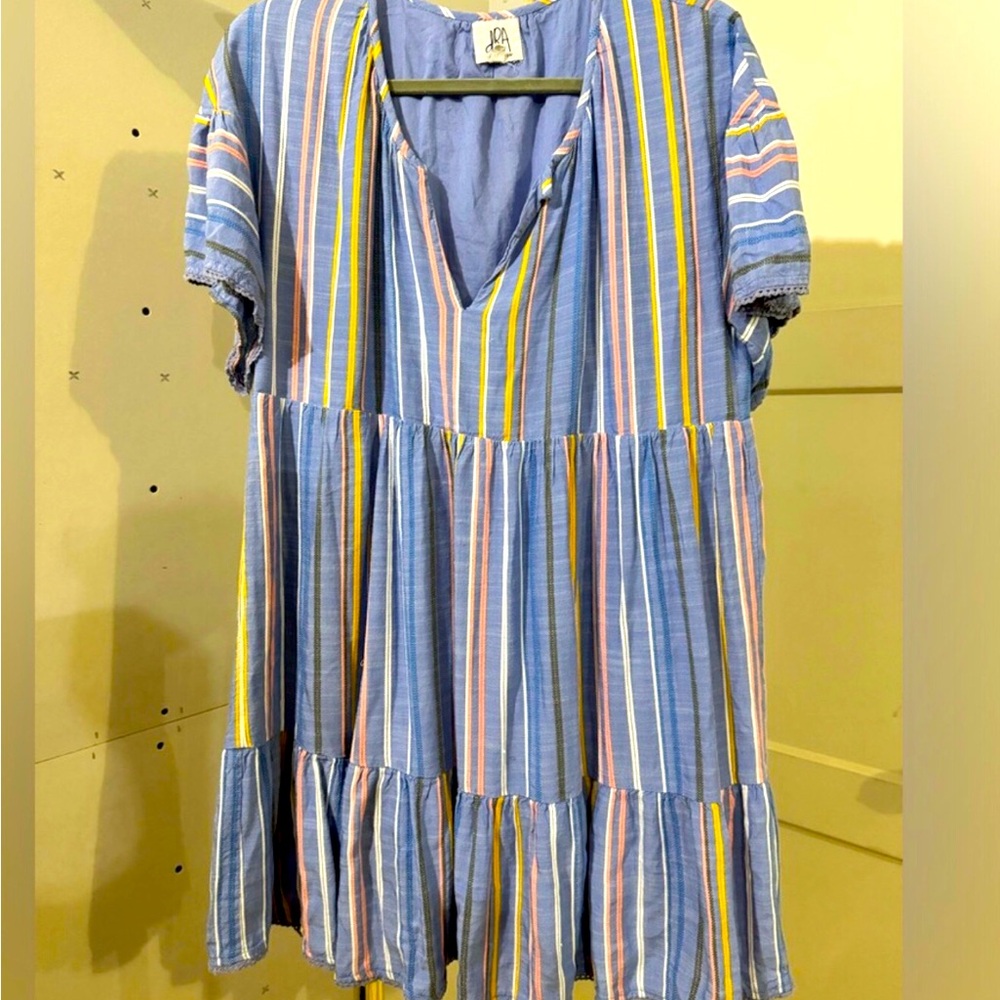 DRA Los Angeles Blue Striped Mimi Dress with Yellow, Pink and White stripes.